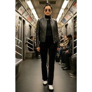 Vintage Y2K Guess Genuine Leather Motorcycle Jacket Black Small Gold Zip